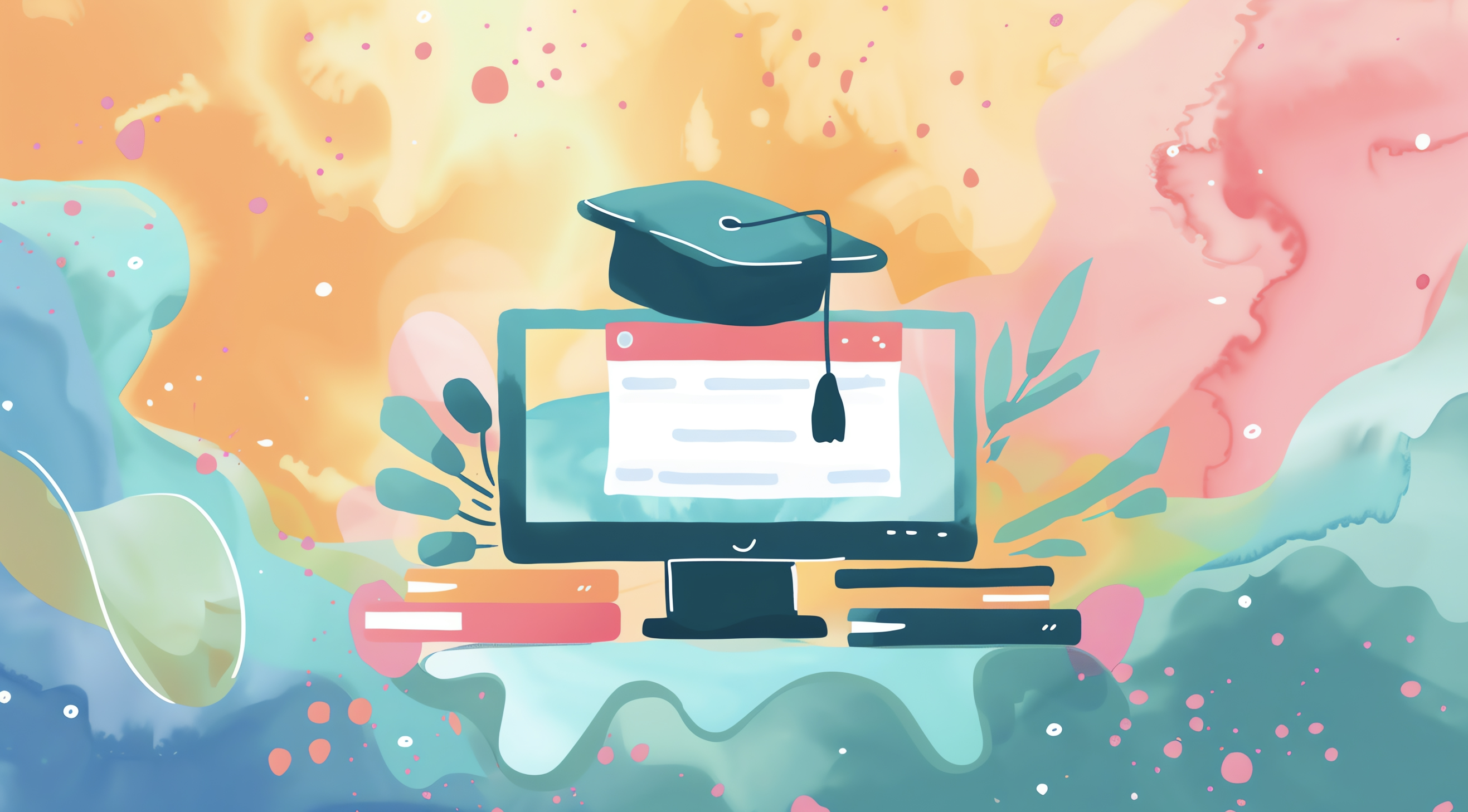 Illustration showing a computer and graduation cap for completing marketing courses.